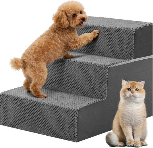 DUMOS Dog Stairs for Small and Medium Dogs, 3-Step Pet Steps with High-Density Foam, Indoor Non-Slip Pet Ramp for Puppy and Older Dogs Cats, Dog Bed Stairs for Couch and Sofa, Grey