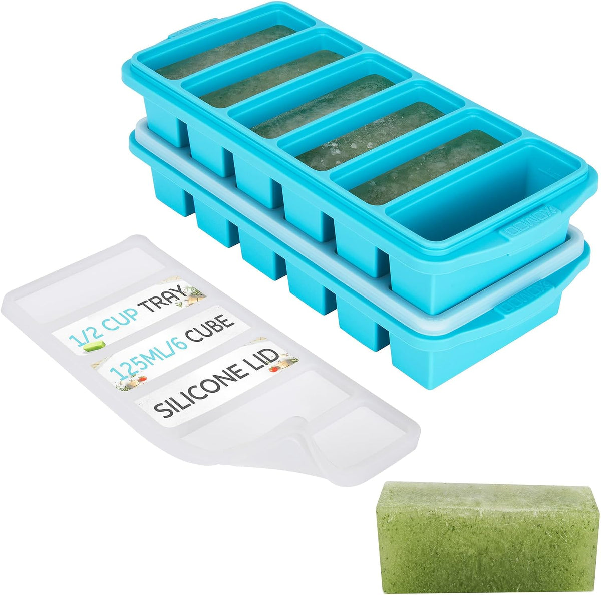 1/2 Cup Silicone Freezer Tray with Lid - Silicone Freezer Molds 2-Pack for Meal Prep & Freezing of Various Sauces and Other Dishes, Makes 12 Perfect 1/2 Cup Portions Cubes,Oven and Dishwasher Safe