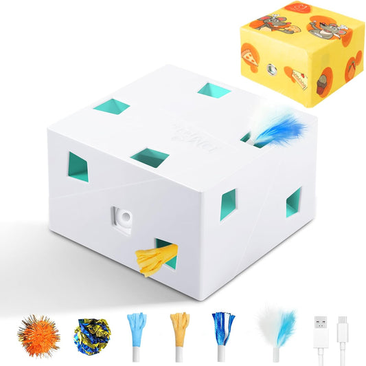 Migipaws Automatic Migibox plus Cat Toys 3 In1 Interactive Pounce Mystery under Popskin 12 Holes Cardboard Kitten Toys for Indoor Rechargable 8 Accessories(White)