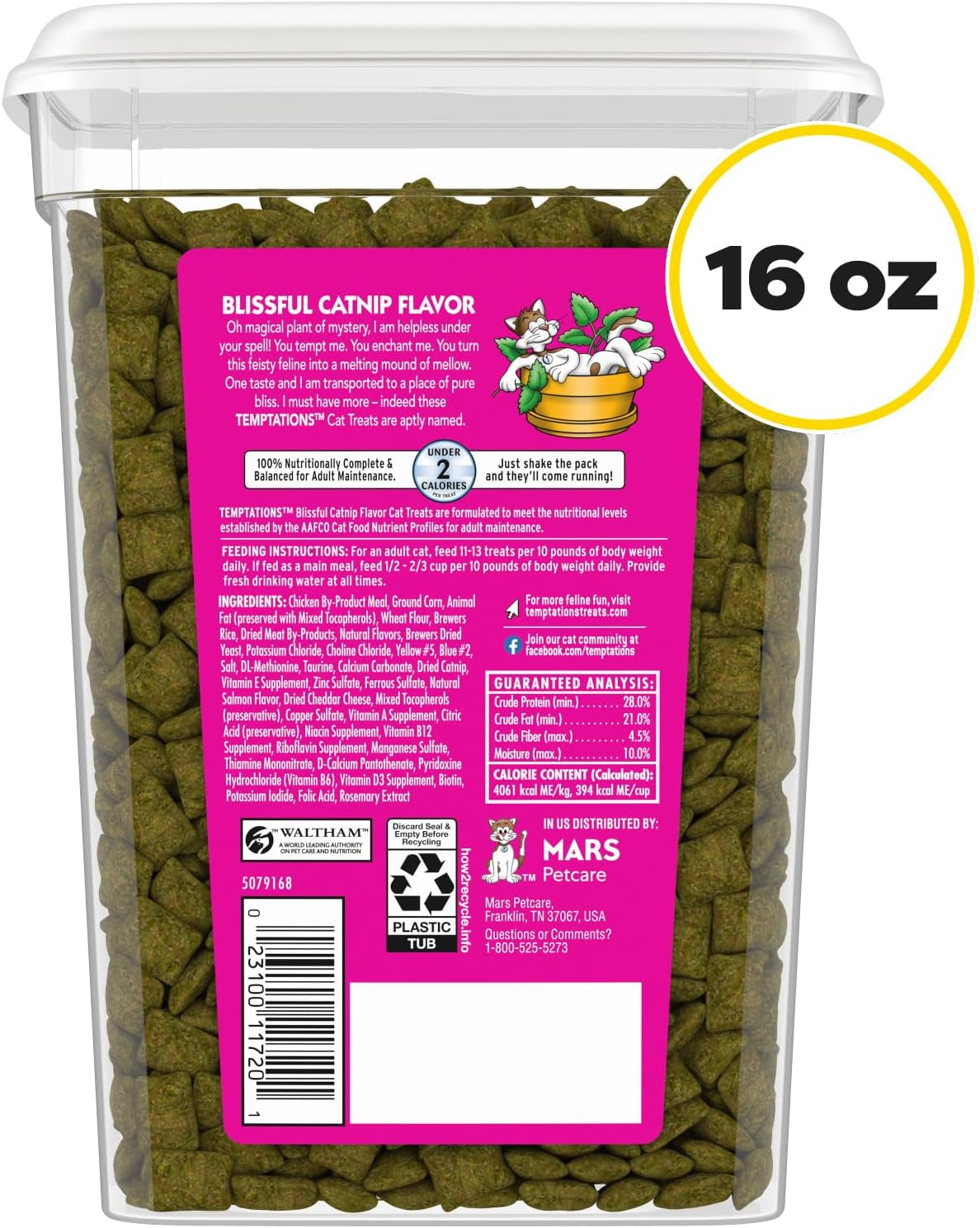 Temptations Cat Treats, Classic Crunchy and Soft Cat Treats, Blissful Catnip Flavor, Catnip Treats, 16 Oz. Tub