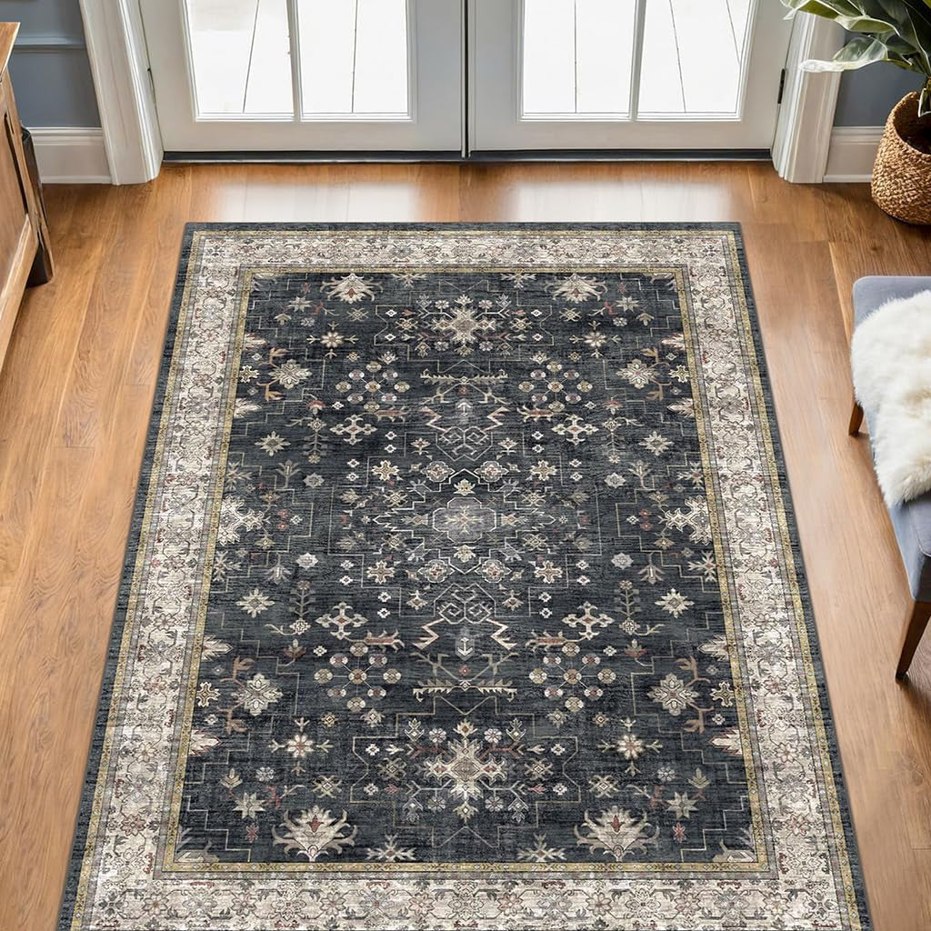 Large 3X5 Entryway Rug Indoor - Washable Non-Slip Low Pile Ultra Soft Area Rug for Large Kitchen, Bedroom Bedside, Mudroom - Distressed Boho Modern Aesthetic Geometric Decor, Ashen/Multi