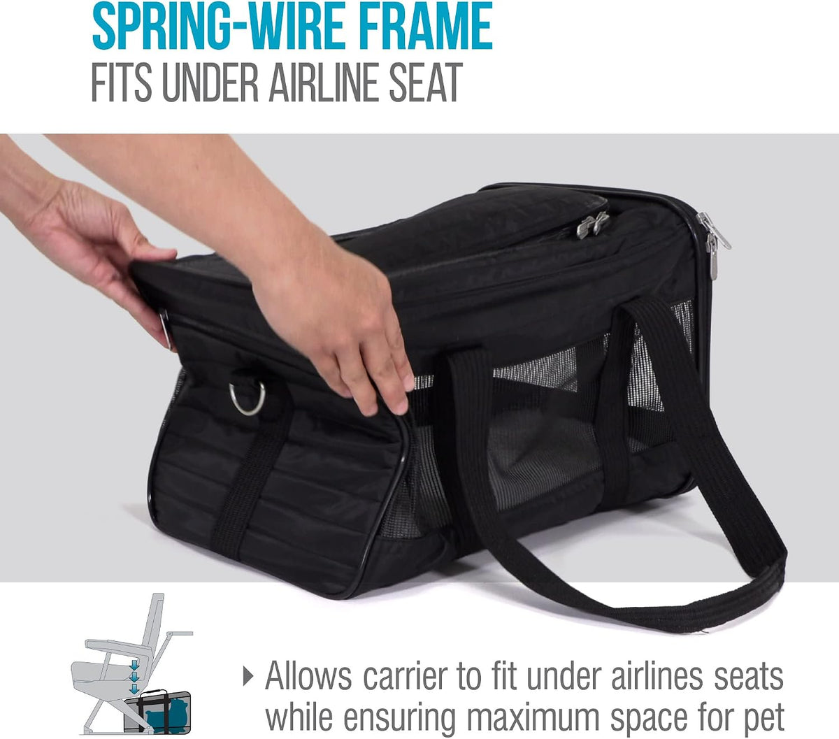 Sherpa Pet Carrier Airline Approved with Spring Wire Frame - Cat & Dog Carrier for In-Cabin Travel, Mesh Ventilation, Locking Zippers - Black Lattice, Large