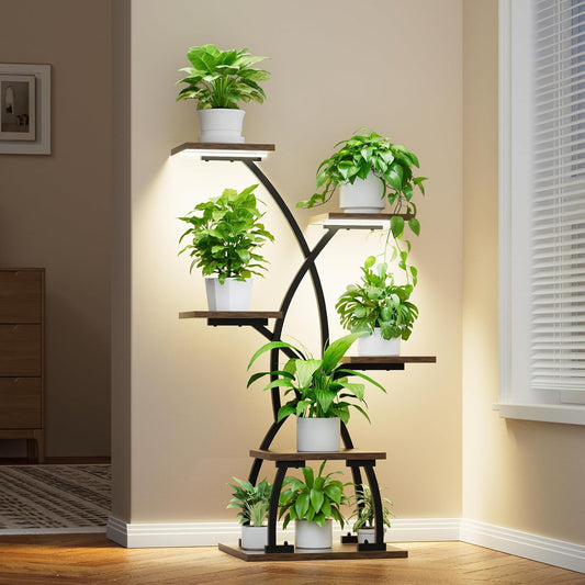 JUSTOGO Plant Stand Indoor with Grow Lights - 6 Tiered Plant Shelf Indoor, 36“ Corner Plant Stands for Indoor Plants Multiple, Metal Curved Flower Holder Display Rack for Patio, Balcony, Home Decor
