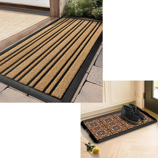 BEHERO 2 Pack Door Mat Outdoor Entrance Waterproof All-Season Doormats, 36X17 Inches, Yellow; 16" X27.5" Boot Tray Shoe Mat Decorative Patterned, Rubber Boot Matt Tray Indoor and Outdoor Use