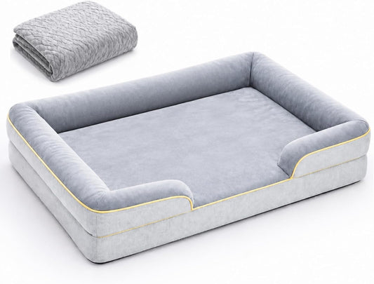 Junkin Orthopedic Dog Cat Bed with Blanket Set 35.4 X 25.2 Inch Waterproof Memory Foam Pet Bed with Sides Washable Comfort Dogs Couch Sofa Washable Removable Cover with Nonslip Bottom