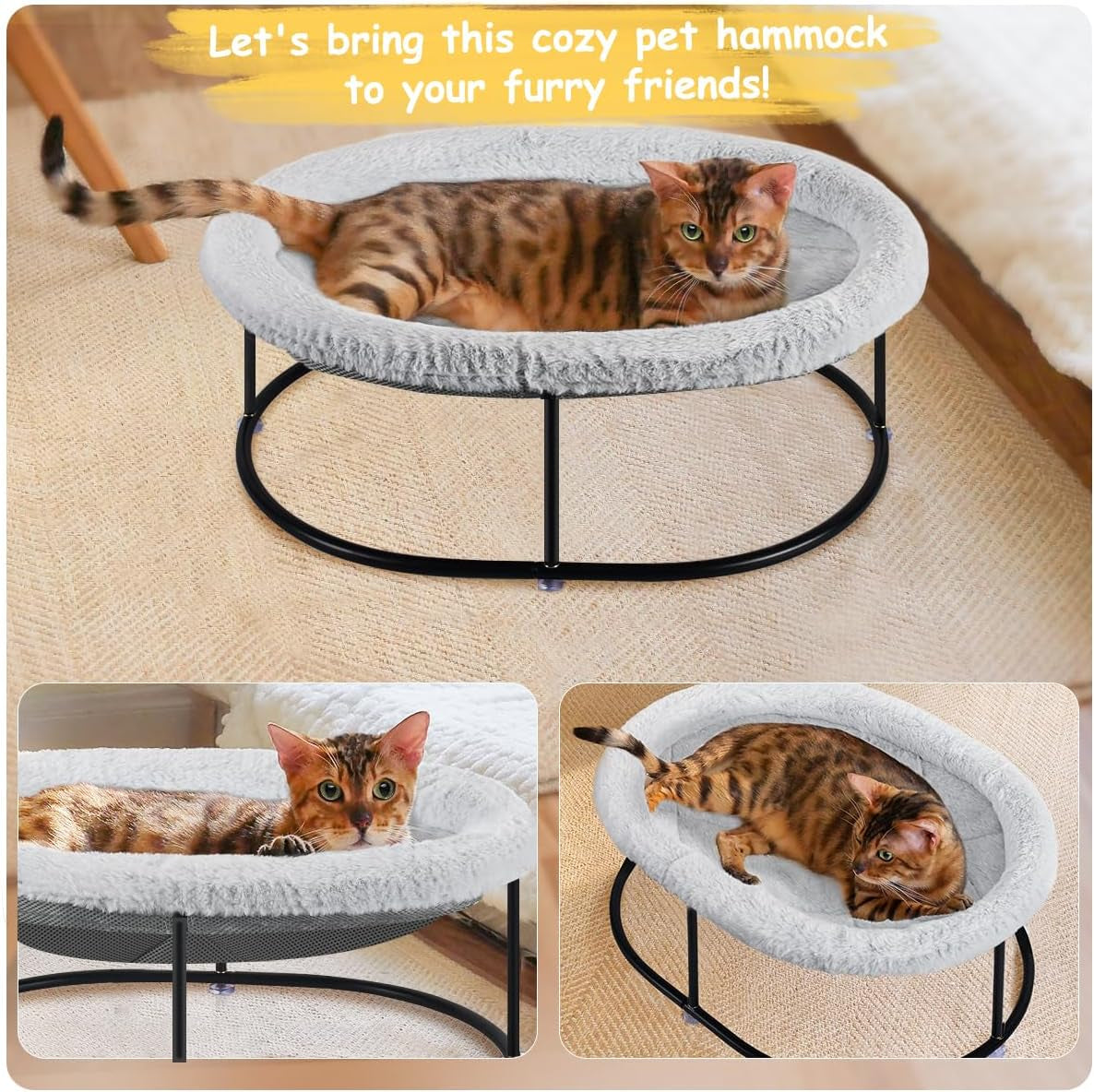 Zoratoo Elevated Cat Hammock Bed for Indoor Cats, Fluffy Warm Cuddle Cats Bed with Detachable Pad Bed Cover, Portable Pet Bed Raised Cuddler for Sleeping Kittens, Small Dog, Oval Cat Hammock Grey