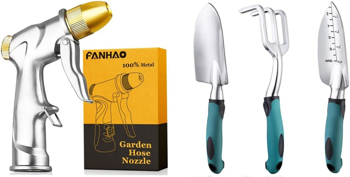 FANHAO 100% Heavy Duty Metal Garden Hose Nozzle + Heavy Duty Garden Tools Set
