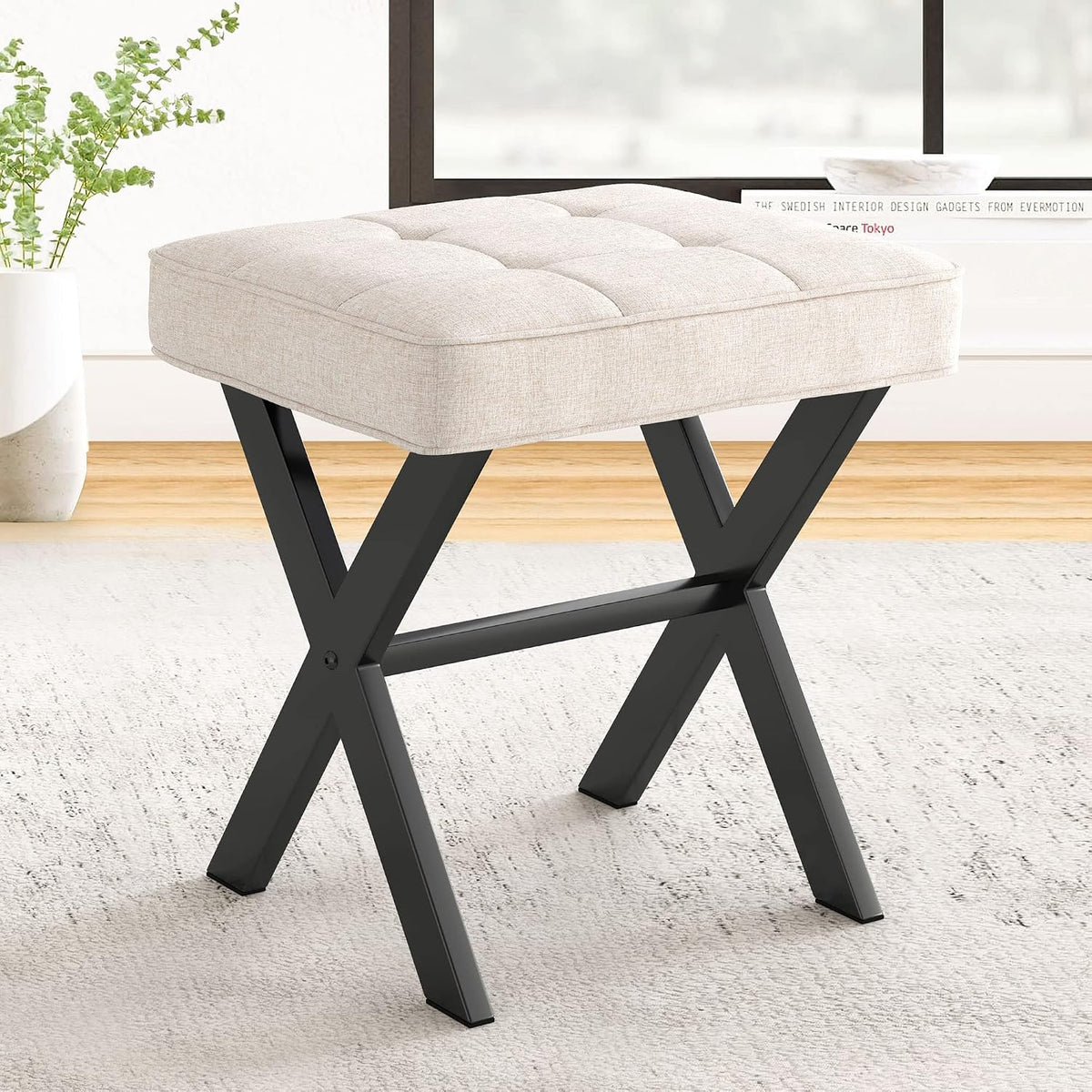 LUE BONA Ottoman Foot Stool Vanity Stool, Square Linen X-Leg Foot Rest Ottoman Makeup Stool, Small Stool Chair for Vanity, Modern Padded Vanity Seat for Makeup Room, Living Room, Bathroom, Linen Color