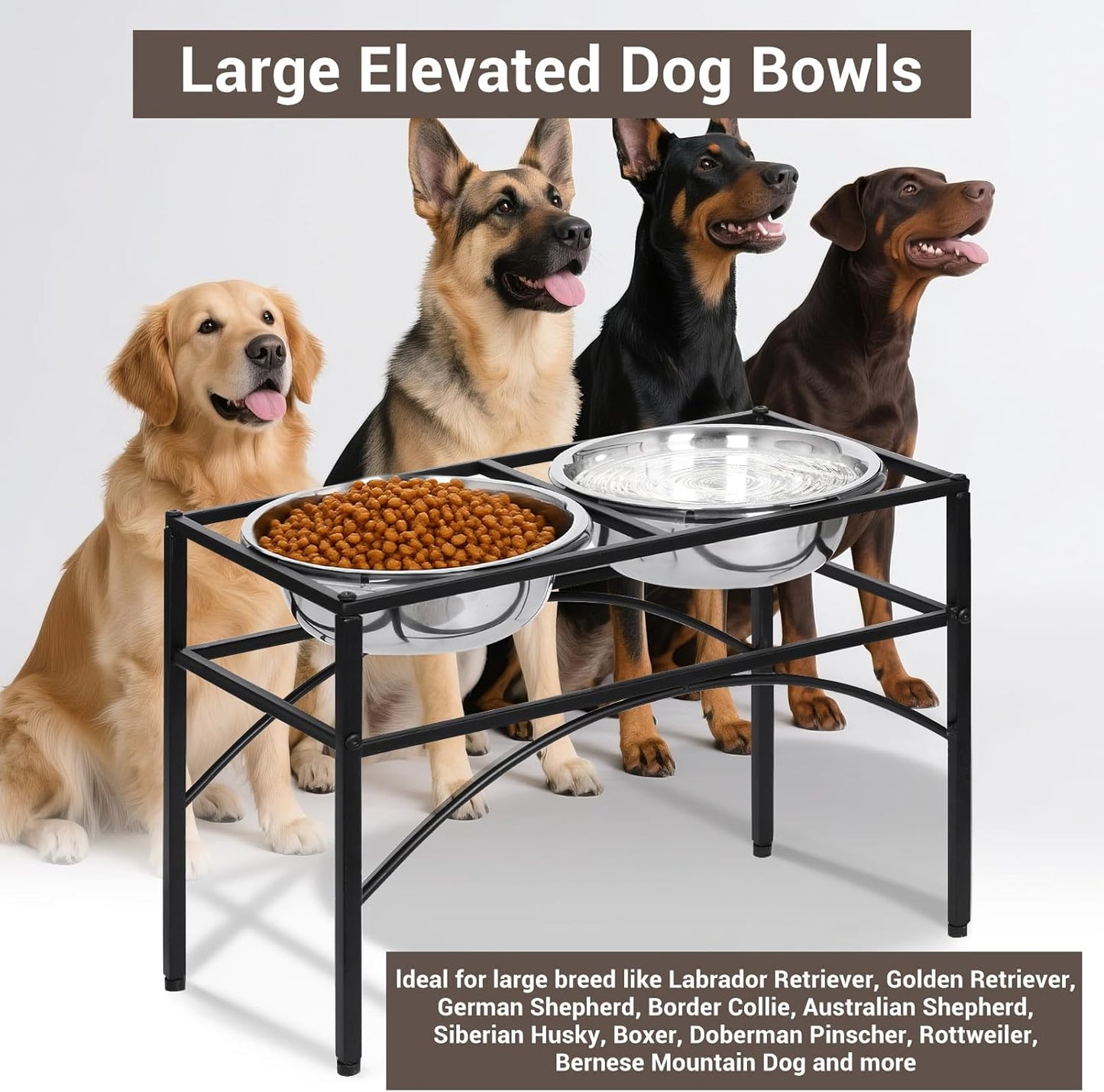 Funkeen Elevated Dog Bowls Raised Pet Feeder Cat Food & Water Diner Stand Set W/ 2 Removable Stainless Steel Bowls (2 Quarts/13.77" in Height)