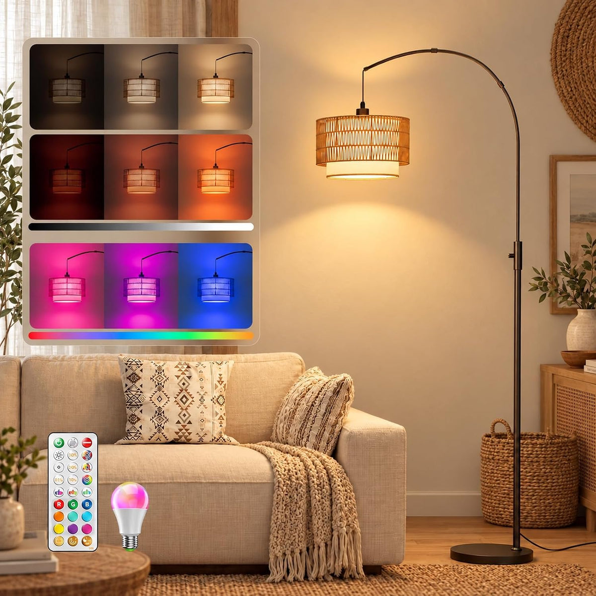 Boho Rattan Arc Floor Lamp, 71" RGB Color Changing, 3-In-1 Shade
