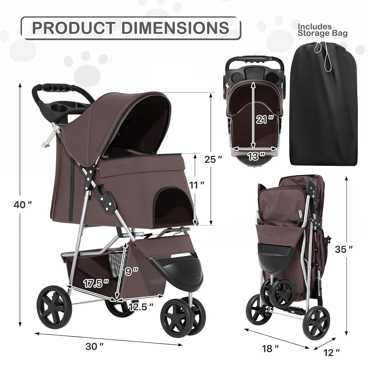 Monibloom Pet Stroller for Small/Medium Dogs and Cats up to 33 Lbs, Coffee