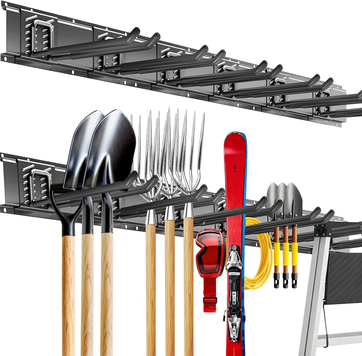 Garage Tool Organizer Wall Mount, 48Inch Heavy-Duty Garage Storage System and Garden Tool Organizer with 6 Adjustable Straight Hooks for Shovel, Snowboard, Yard Tools and Shed