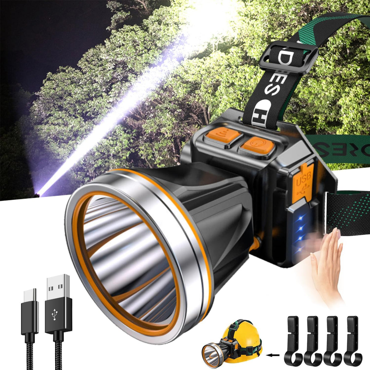 High Power LED Headlamp Super Bright Adult Motion Sensor Headlight Spotlight Waterproof Rechargeable Outdoor Hunting Light Flashlight Portable Head Lamp for Fishing Camping Hiking