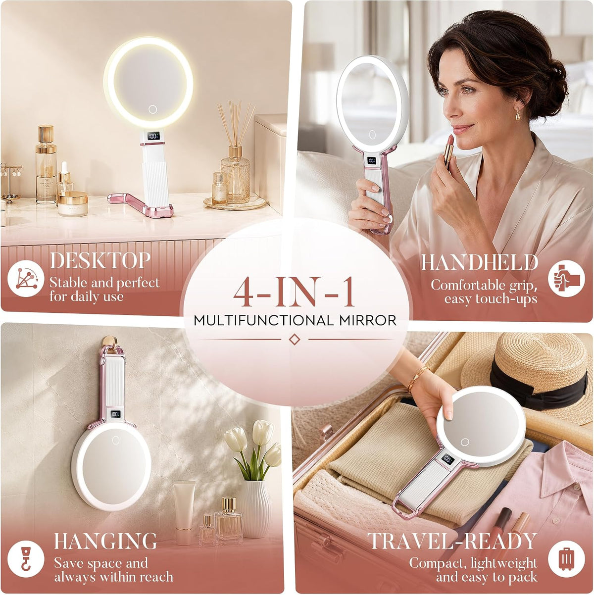 MIYADIVA Travel Makeup Mirror with Lights, Height Adjustable 30X/1X Double-Sided Magnifying Mirror, Portable Vanity Mirror with Digital Display & Phone Holder, Handheld Tabletop Hanging, Rose Gold