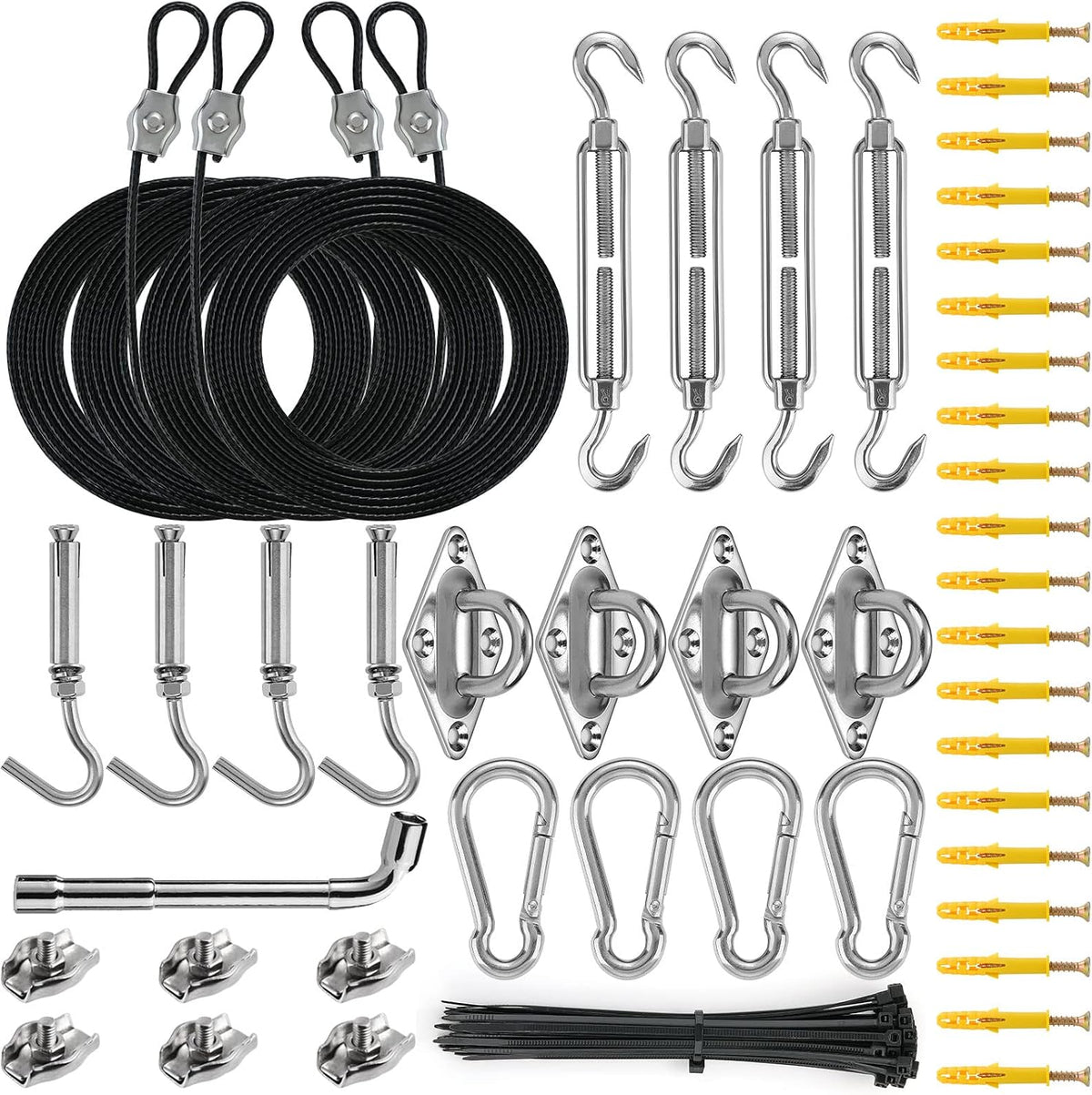 Sun Shade Sail Hardware Kit with 4Pcs 10Ft Extension Nylon Wire Rope