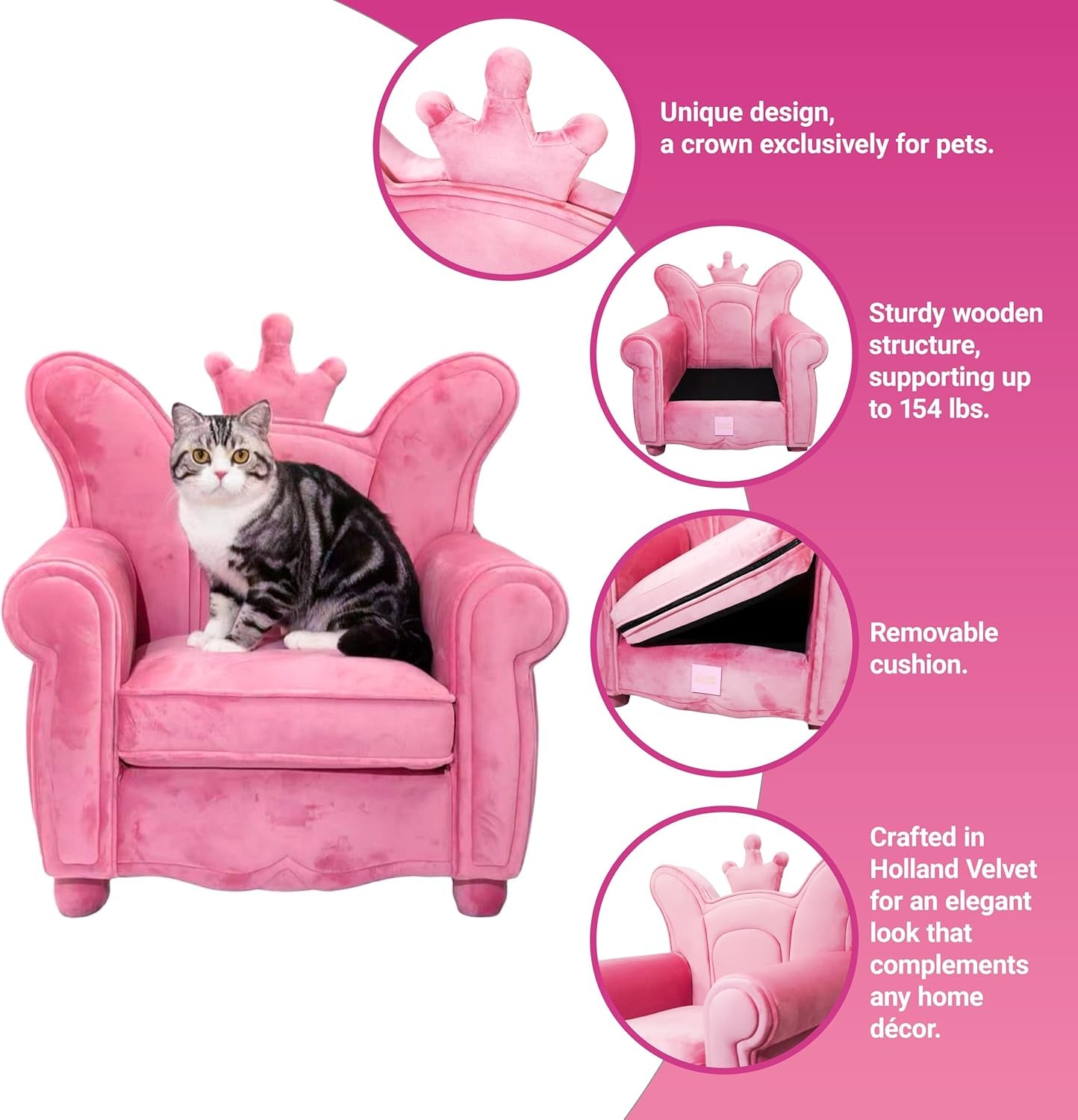 Luxury Pet Sofa – Holland Velvet Dogcat Throne Chair, Pink Princess Style, Cozy & Soft, Washable Cover, Scratch-Resistant & Durable, Perfect for Home Décor & Pet Lovers