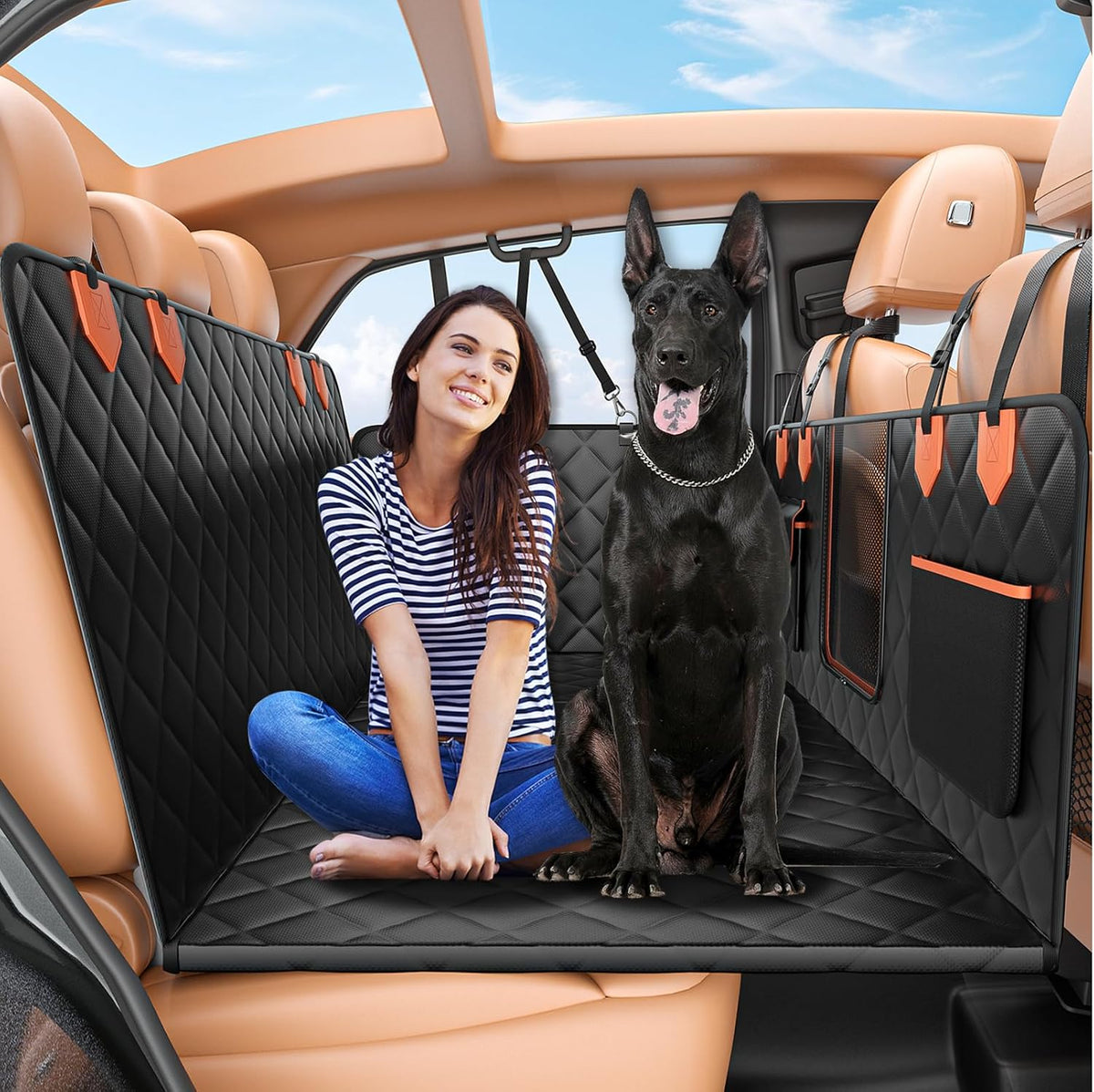 IJVAE Dog Seat Cover for Back Seat, Hard Bottom Back Seat Extender Holds 500 Lbs, Waterproof & Nonslip Car Hammock for Large Pets, Comfortable Travel Seat Protector for SUV and Sedan
