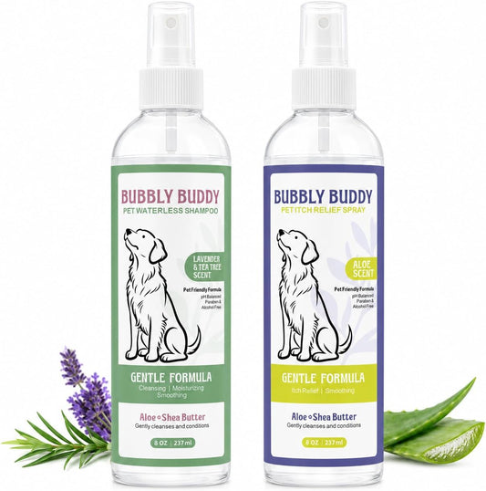 Pet Grooming Spray Set for Dogs, Pet Waterless Shampoo Spray 8 Fl Oz Lavender & Tea Tree Scent + Pet Itch Relief Spray 8 Fl Oz Aloe Scent, No Rinse Coat Refresh & Anti-Itch Dog Coat Spray