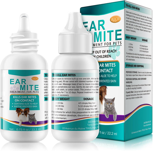 Ear Mites Treatment for Dogs & Cats - Cat Ear Mite Treatment with Aloe Vera, Kills on Contact & Soothes Itching, Vet-Recommended Formula for Pets Ear Cleaning, Fast-Acting 0.75Oz Bottle