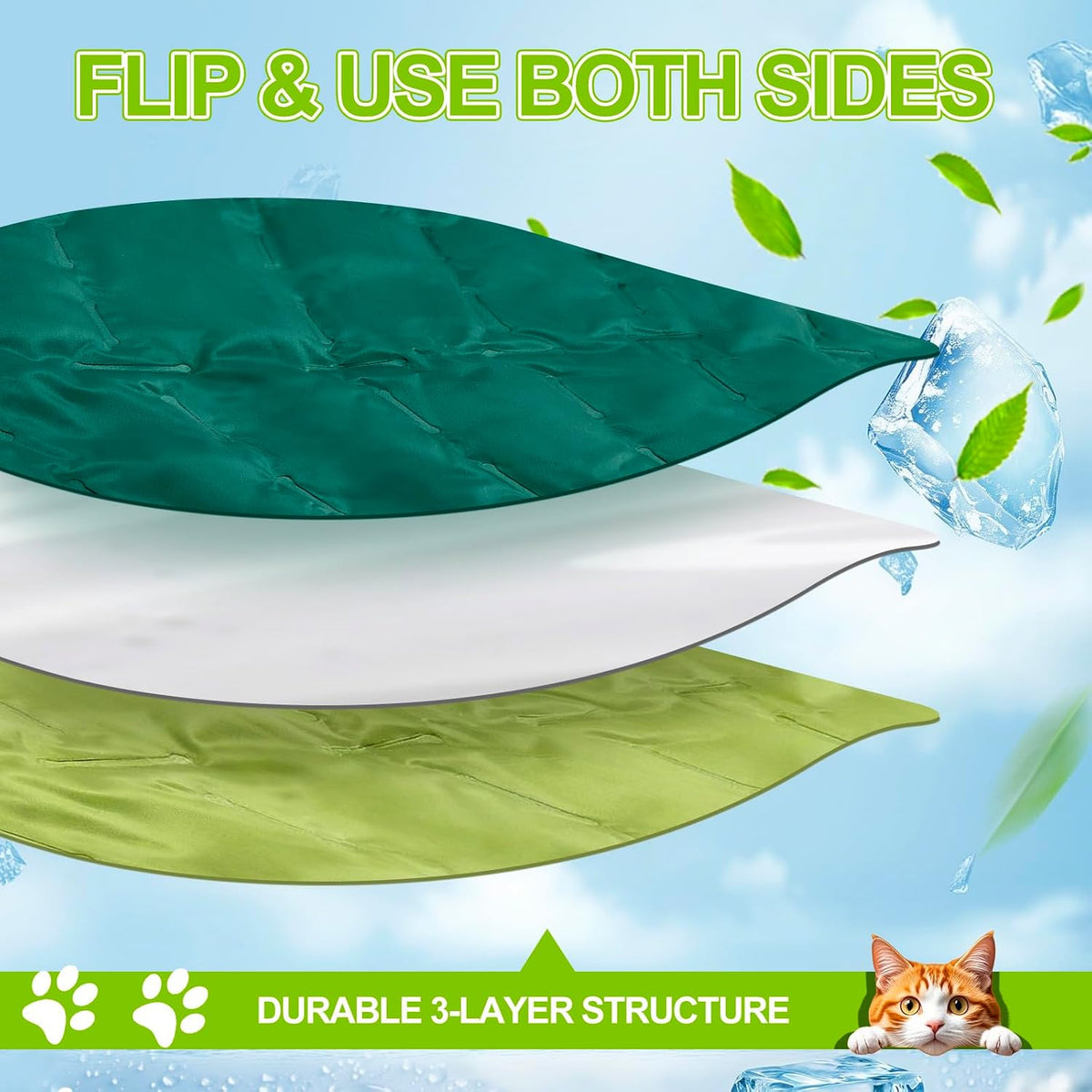 Drydiet Leaf Shaped Cooling Mat for Pets, 27 X 18.5 Inch Reversible Nylon Cooling Bed for Cats and Puppies, Summer Sleeping Blanket Pad for Cage Accessories and Safety Fences, Sage Green