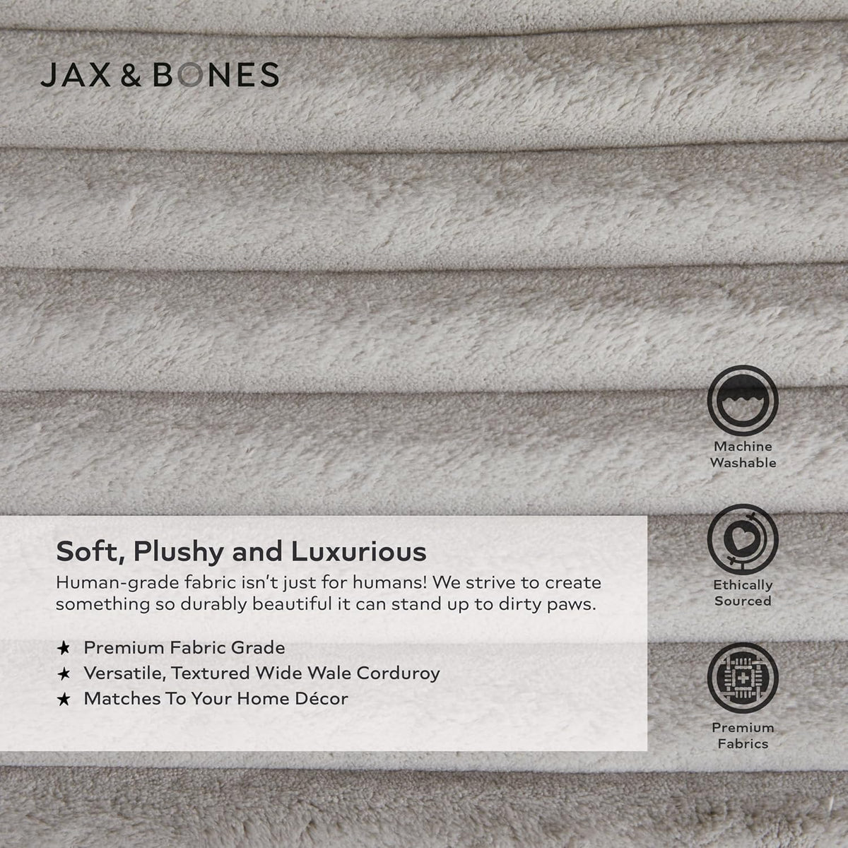 Jax & Bones Napper Grey Corduroy Dog Bed W/Bolstered Sides