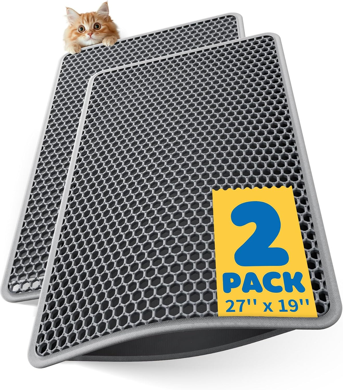 Powools Ultra-Large Cat Litter Mat, 27'' X 19", Double-Layer, Grey, 2 Pack