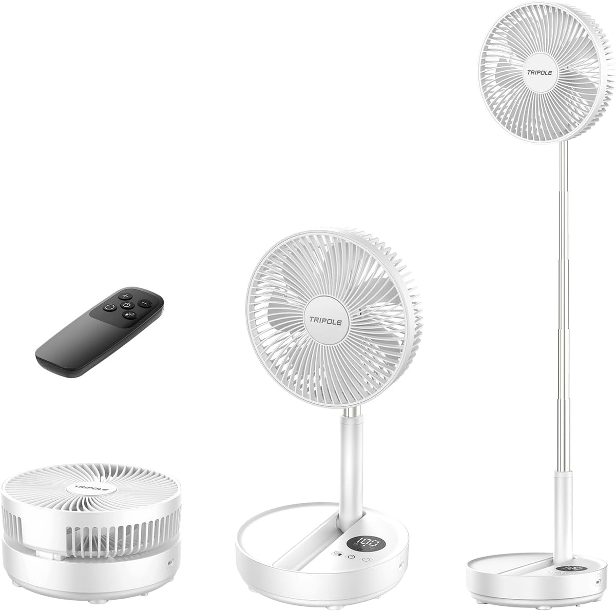 Tripole Portable Standing Fan, 8000Mah Rechargeable Oscillating Fan with Remote, 8.1'' Quiet Pedestal Floor Fan with LED Display & Timer, Foldable Small Desk Fans for Bedroom, Office, Camping, Travel