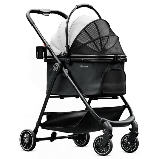 Pet Stroller for Small Dogs and Cats, One-Click Foldable Dog Stroller with Detachable Carrier & 3 Safety Tethers, Holds up to 33 Lbs, Storage Basket & Cup Holder, Breathable Mesh, Black