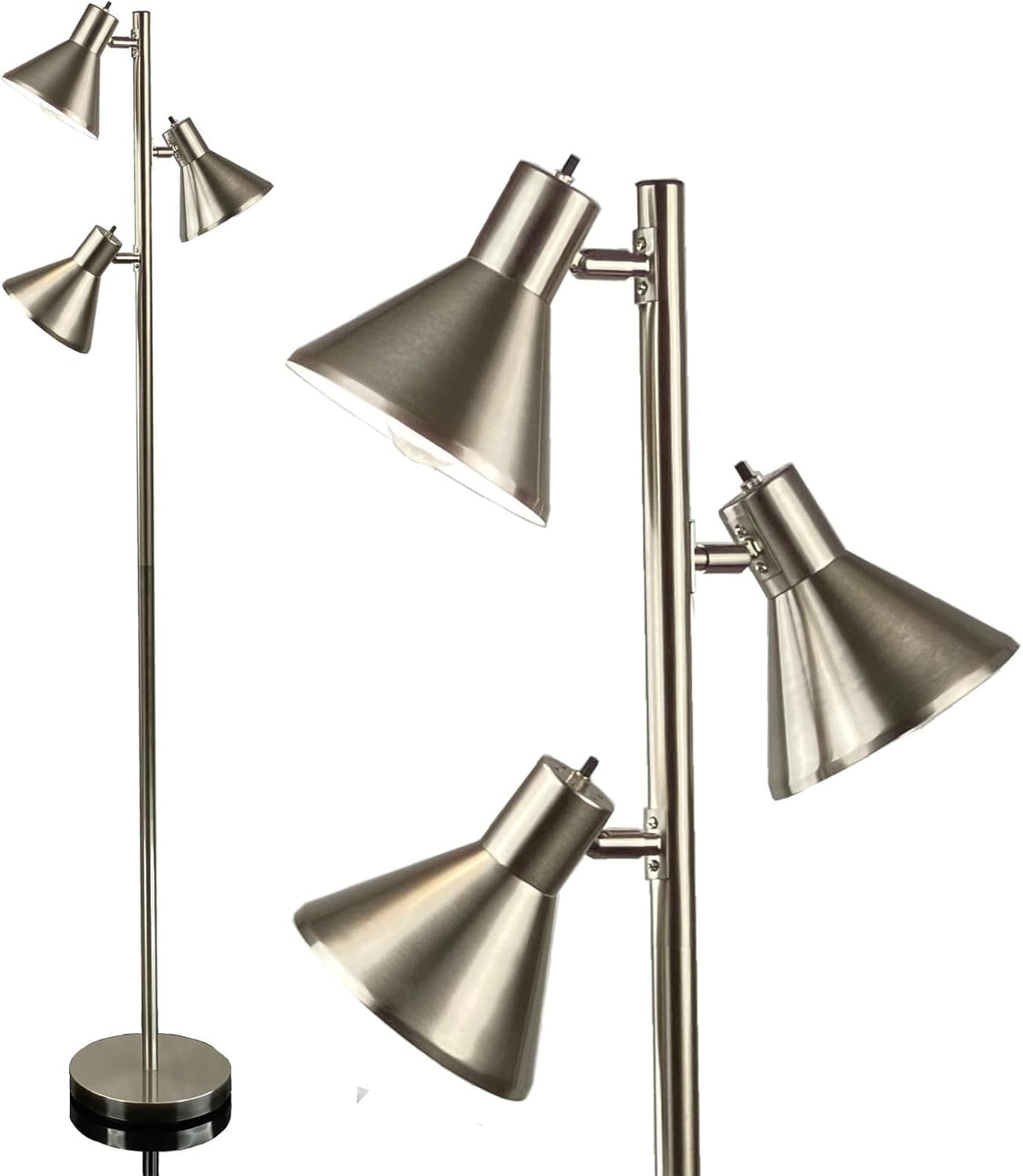 LIGHTACCENTS Tree Floor Lamp, Brushed Nickel - Modern Pole Lamp with 3 Adjustable Reading Lights - 64 Inch Stand Lamp for Living Room, Bedroom, Dorm Room