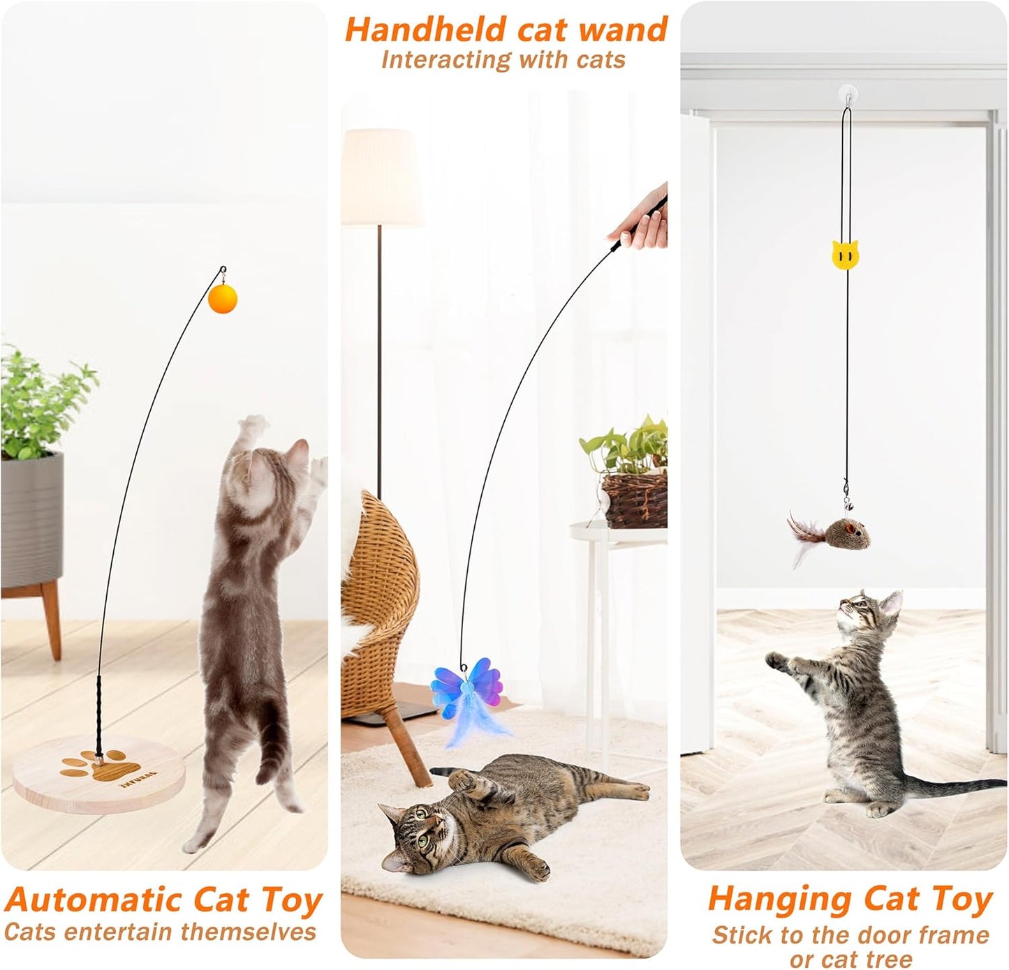 JXFUKAL Interactive Cat Toy, Automatic Cat Wand Toy with Stable Wooden Base, 2 PCS Detachable Cat Teaser, 5PCS Refills Replacement & Hanging Elastic String, Kitty Kitten Toys Feather Spring Bird Toy