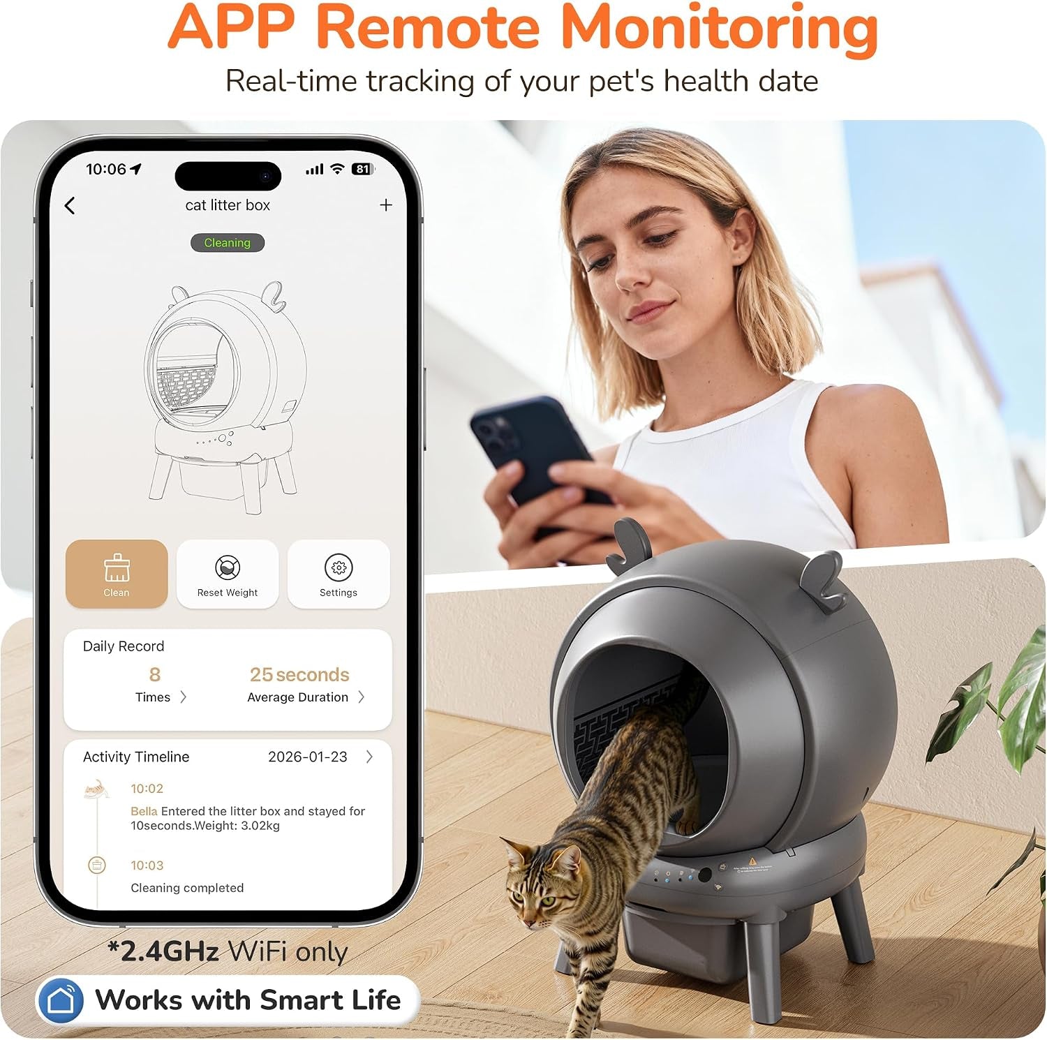 Automatic Self Cleaning Litter Box, Cat Litter Box, Robot Litter Box | APP Control, 65L Globe, Dual Safety Sensors, 1 Roll Garbage Bags, Litter Mat, <35DB, Grey