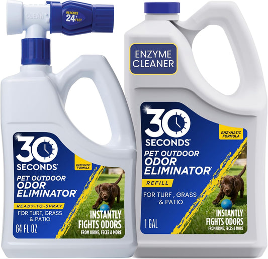 30 SECONDS Outdoor Odor Eliminator for Pets, Dogs, for Grass, Turf, Lawns, Kennels & Dog Runs, Enzyme Cleaner Hose Sprayer with Concentrate Refill (64 Oz Hose End Sprayer & 1 Gallon Refill Bottle)