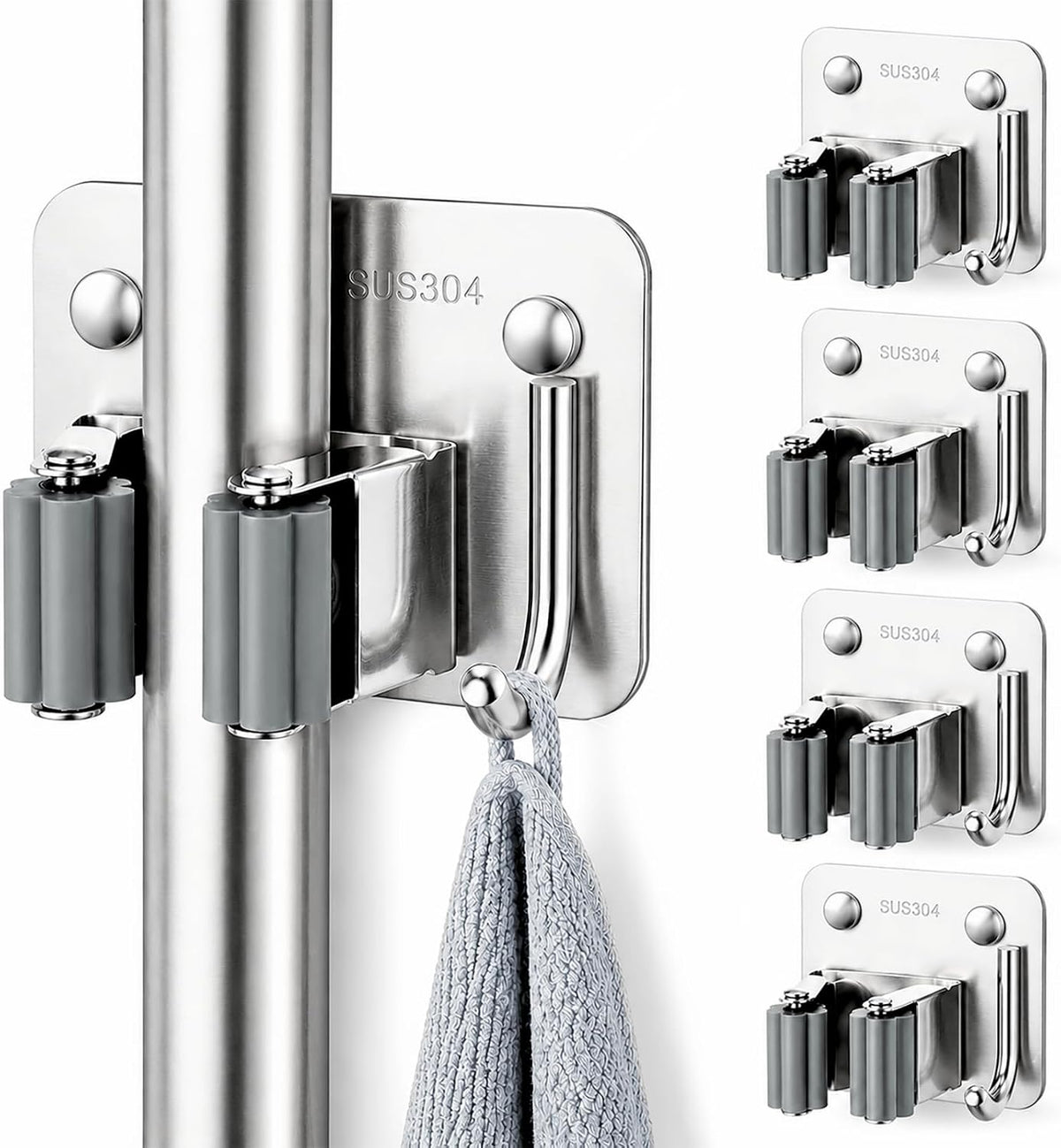 Broom Holder Wall Mount 4 Pack, Heavy Duty Mop Hanger with Hooks