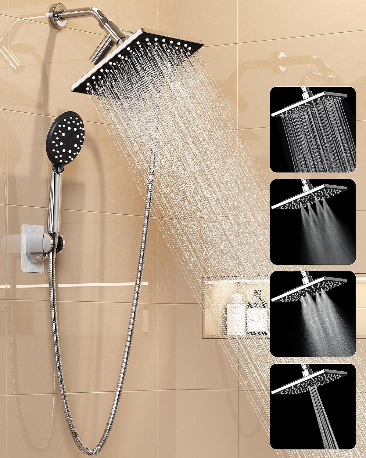 Veken Multi-Function Rain Shower Head with Handheld, High Pressure, Square