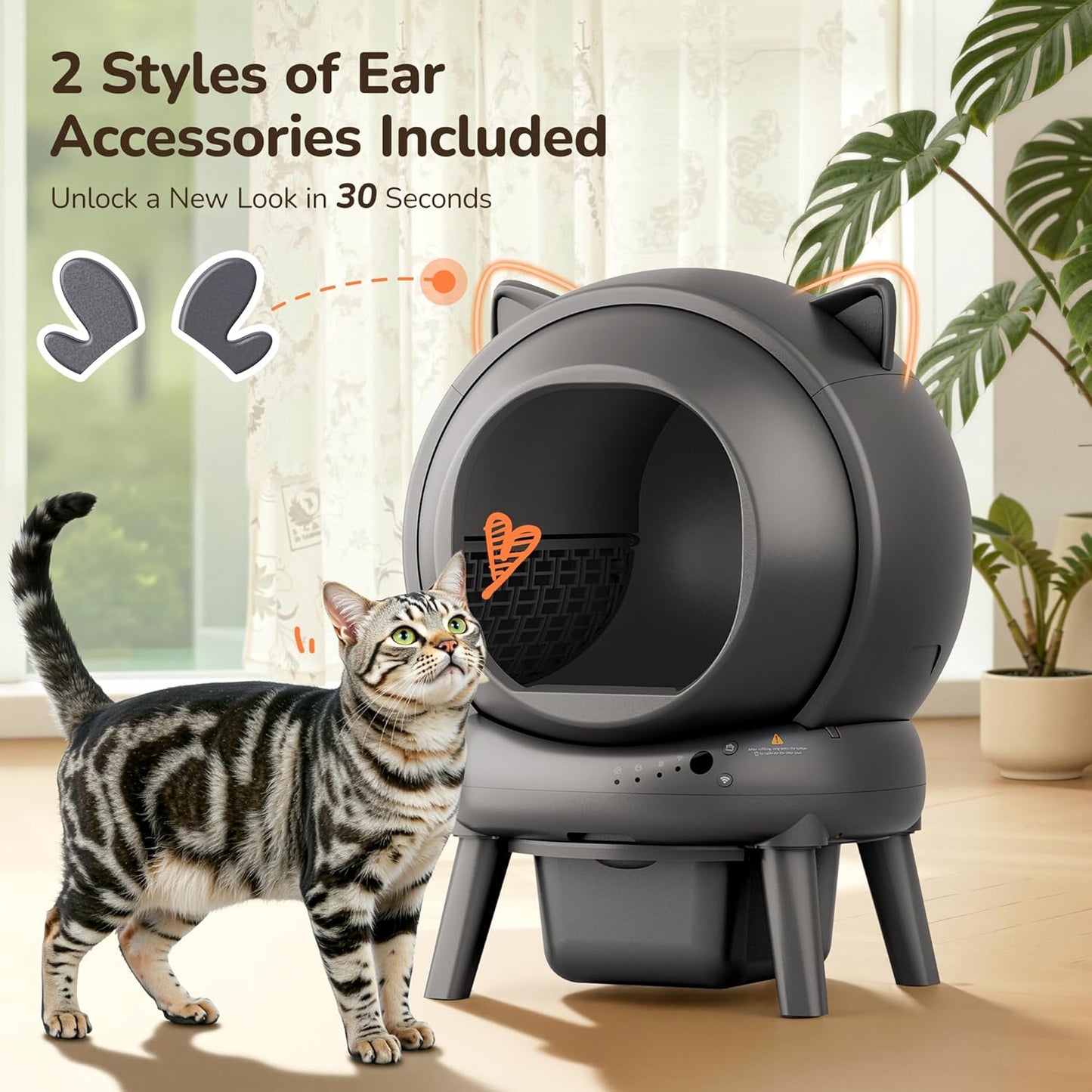 Automatic Self Cleaning Litter Box, Cat Litter Box, Robot Litter Box | APP Control, 65L Globe, Dual Safety Sensors, 1 Roll Garbage Bags, Litter Mat, <35DB, Grey
