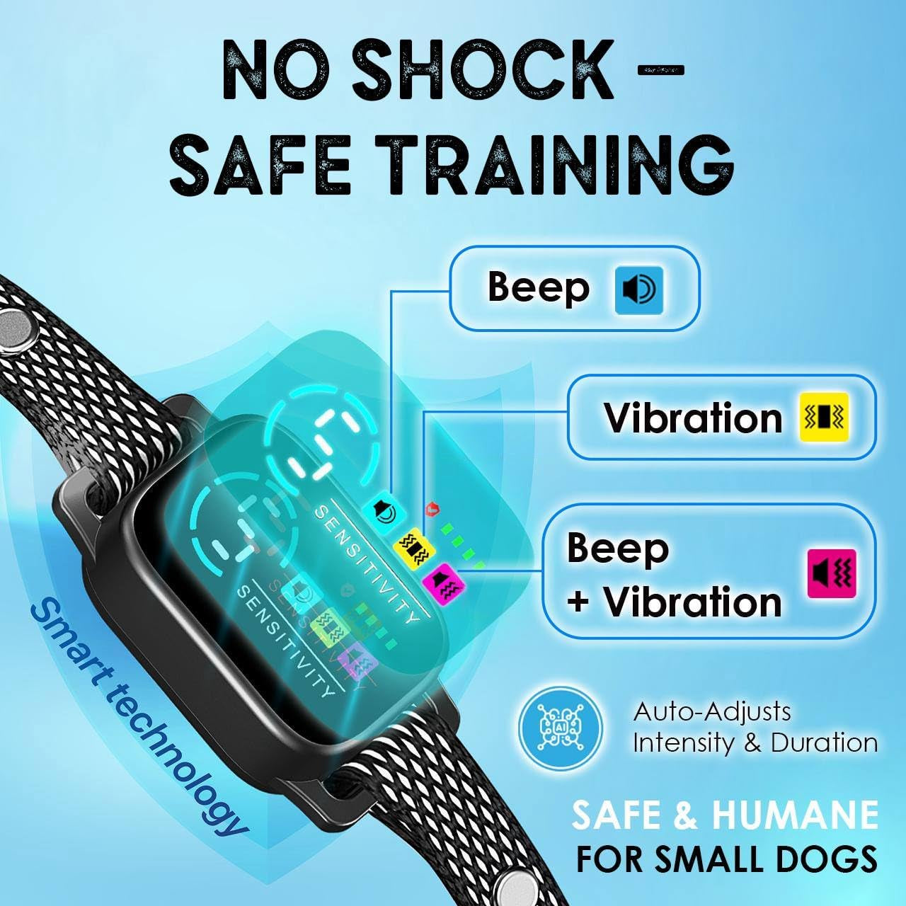 Bark Collar for Small Dogs 8-40 Ibs - No Shock anti Barking Collar with Al Chip - 3 Modes & 5 Sensitivity Levels - Waterproof, Rechargeable, Magnetic Charging - Humane, Effective Training (Black)
