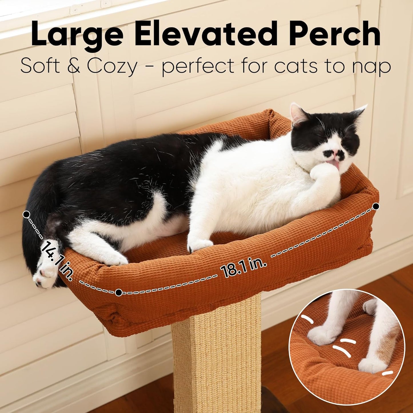 FUKUMARU Cat Scratching Post, Retro-Style Tall Scratch Posts with Perch for Infoor Cats Adults, Large Cat Scratcher Tower with Bed, Natural Sisal & Solid Wood