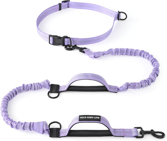 Mile High Life Hands Free Leash, Waist Leash for Dog Running Training and Jogging, Adjustable Belt with Double Padded Handle, Reflective Bungee for Medium Large Dogs (Light Purple, 7FT)