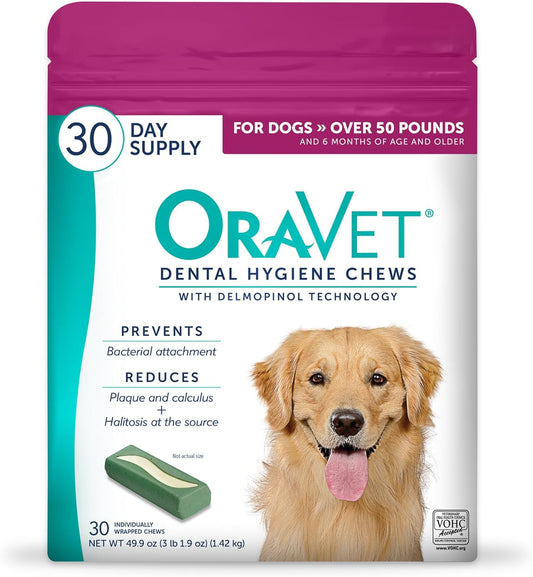 ORAVET Dental Chews for Dogs, Oral Care and Hygiene Chews (Large Dogs, over 50 Lbs.) Pink Pouch, 30 Count (Pack of 1)