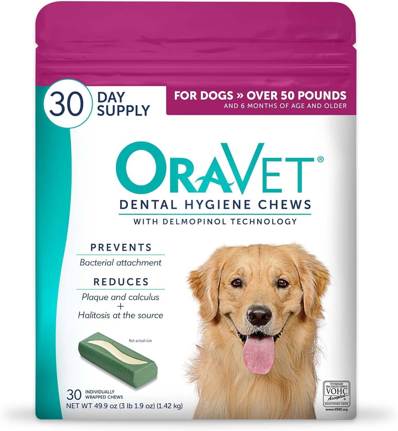 ORAVET Dental Chews for Dogs, Oral Care and Hygiene Chews (Large Dogs, over 50 Lbs.) Pink Pouch, 30 Count (Pack of 1)