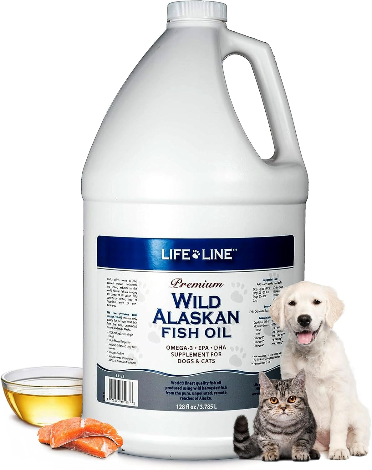 Life Line Pet Nutrition Wild Alaskan Fish Oil for Dogs and Cats 128Oz – Omega 3 Fish Oil Supplement for Skin & Coat, Brain, Eye & Heart Health