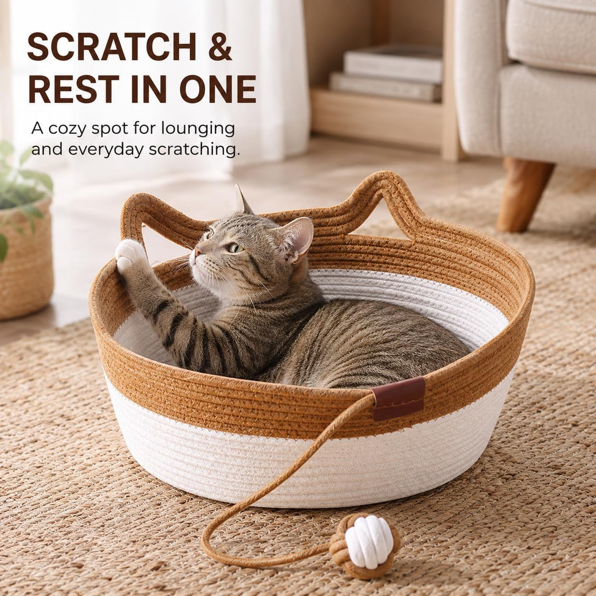 Large Instinct Basket Stimuli Cat Bed, Handwoven Cotton Rope Cat Basket