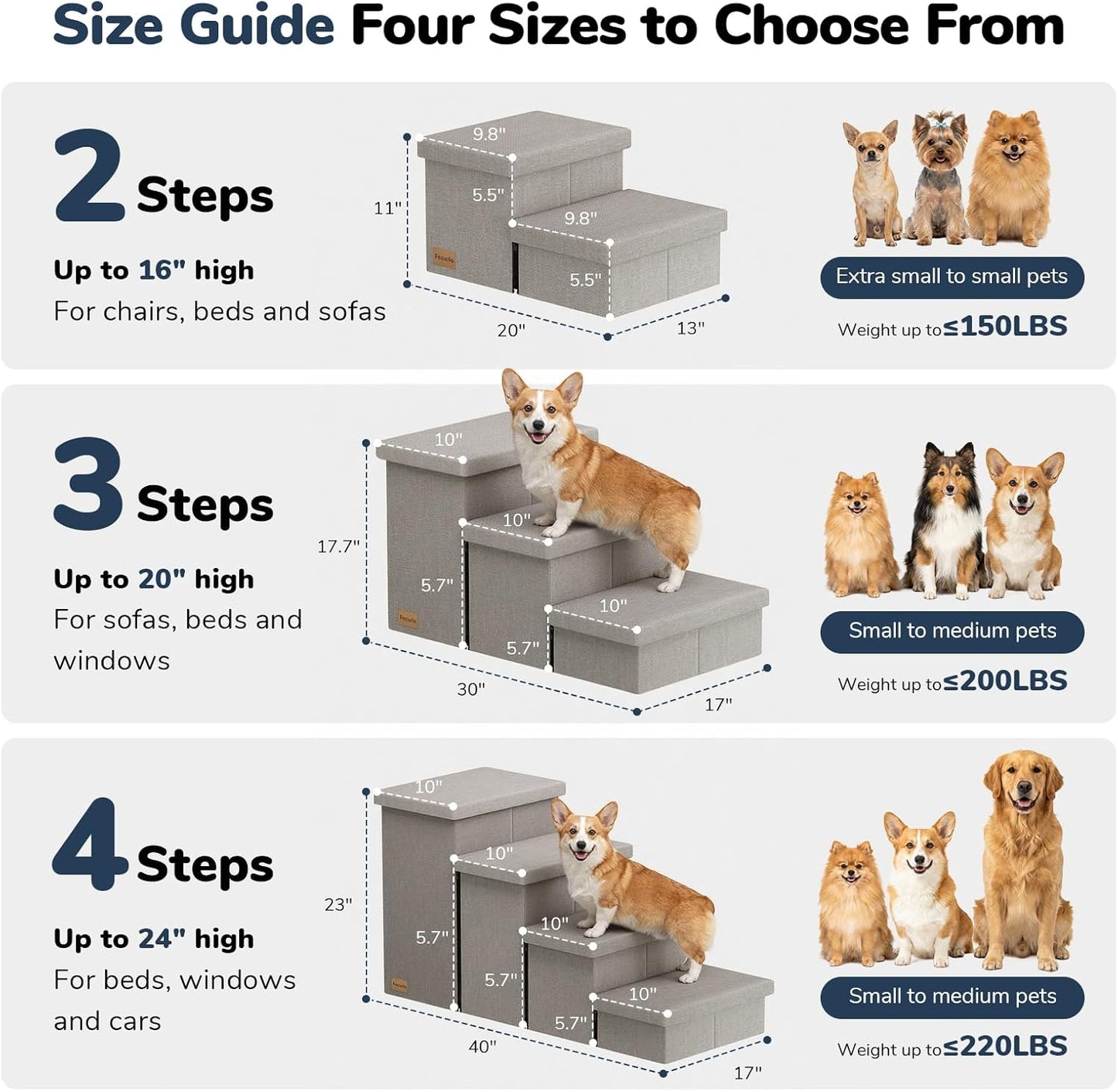 3-Step Wide Dog Stairs with Hidden Storage 18" H, Non-Slip Dog Steps for High Bed Couch Window Car, Jiont-Friendly Pet Stairs Ramp for Small/Medium/Large Old Dogs Cats up to 200Lbs, Grey
