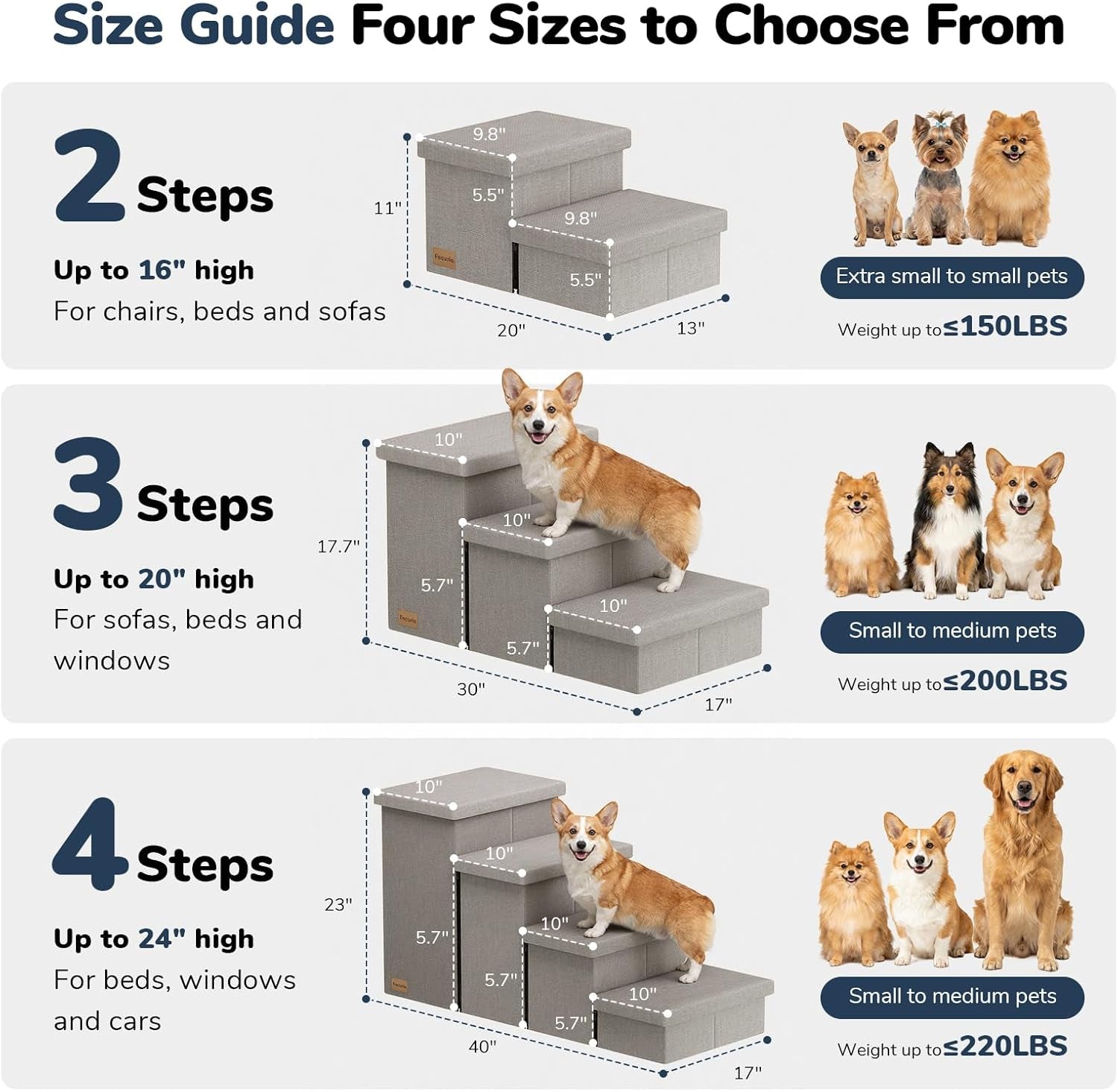 3-Step Wide Dog Stairs with Hidden Storage 18" H, Non-Slip Dog Steps for High Bed Couch Window Car, Jiont-Friendly Pet Stairs Ramp for Small/Medium/Large Old Dogs Cats up to 200Lbs, Grey
