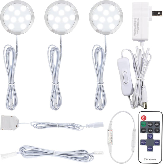 Plugged in under Cabinet round Puck Lighting Kit, 110V Electric Wired LED Closet Bookcase Lights, Remote Control Dimmable, 3-Way Octopus Junction Box Wiring, 3 Lights, Cool White