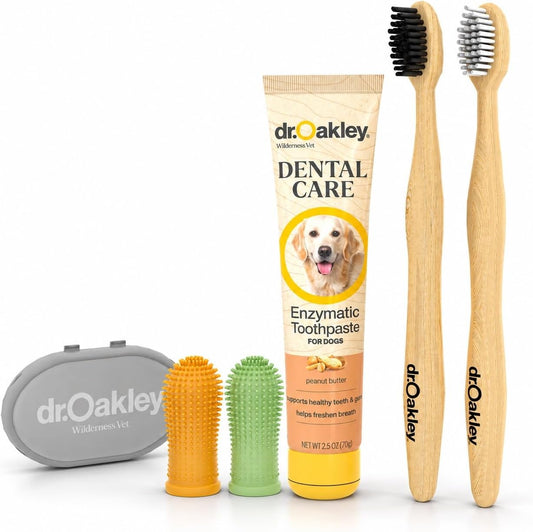 Dr. Oakley Dental Toothbrush Kit for Dogs & Cats -Finger Brush for Small Pets and Soft Brushes for Large or Older Natural and Safe Peanut Butter Flavor -