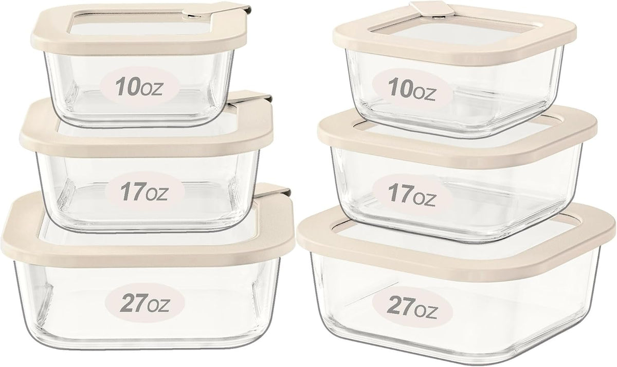 Urban Green Glass Food Storage Containers with Glass Lids, Microwave Safe Food Container Set, Airtight Meal Prep Containers, Leakproof, 100% Plastic Free, 6 Pack
