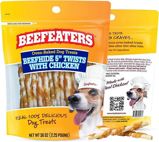 Beefeaters Beefhide 5In Twist Sticks with Real Chicken 36Oz - Dog Rawhide Chews for Clean Teeth & Training, High Protein Dog Treat Chews, Chicken Wrapped Rawhide Sticks, No Artificial Colors or Flavor