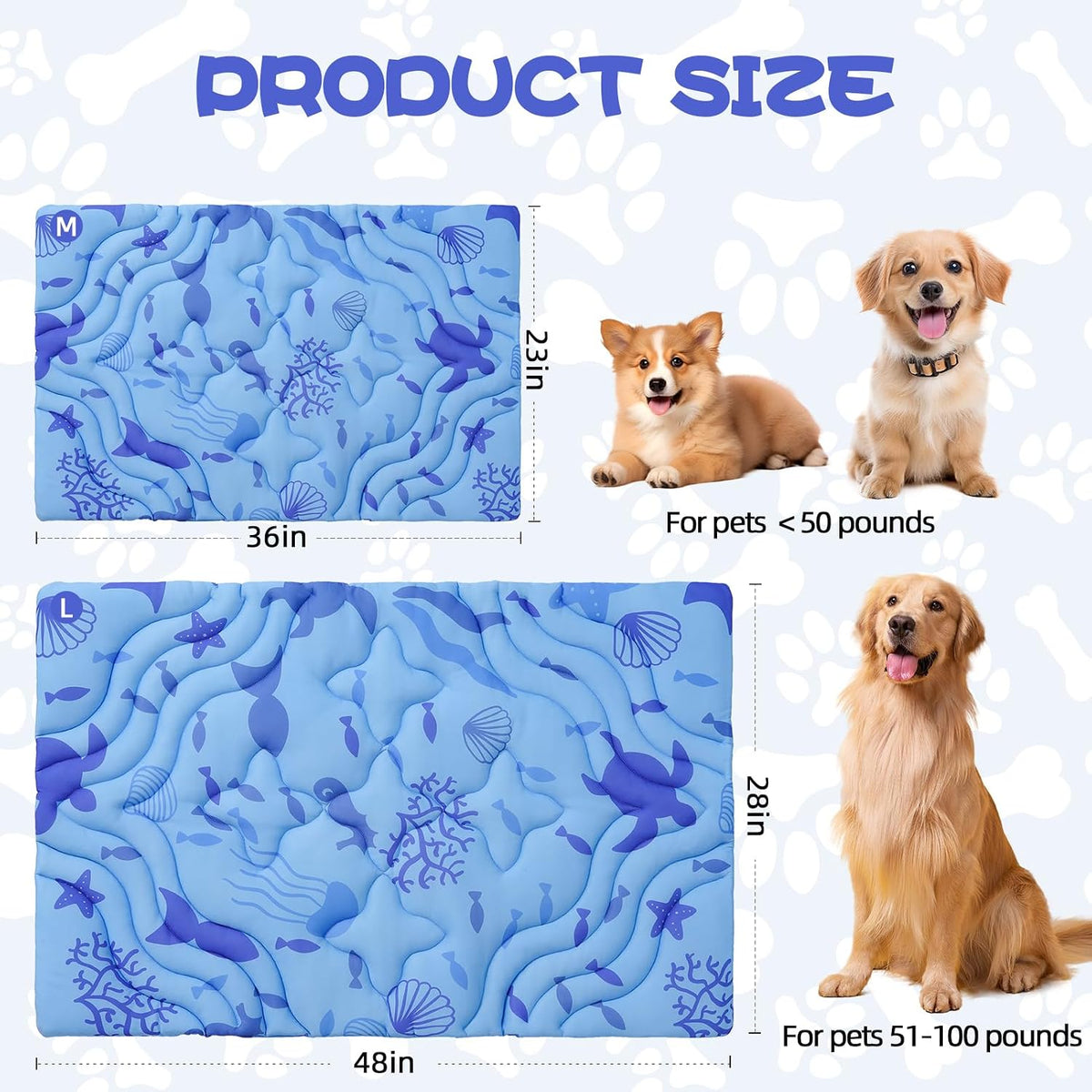 PAWCHIE Summer Dog Cooling Mat, Reversible Self-Cooling Mat for Large Dogs, Washable Pet Ice Cool Pad Blanket, Pet Sleeping Pad for Crate, Bed, Indoor & Outdoor Floor, Car Seats, Blue 48'' X 28''
