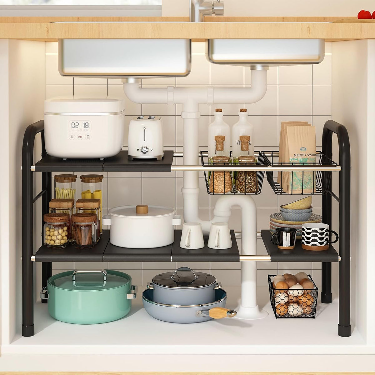 Expandable under Sink Organizer, 2 Tier under Sink Shelf